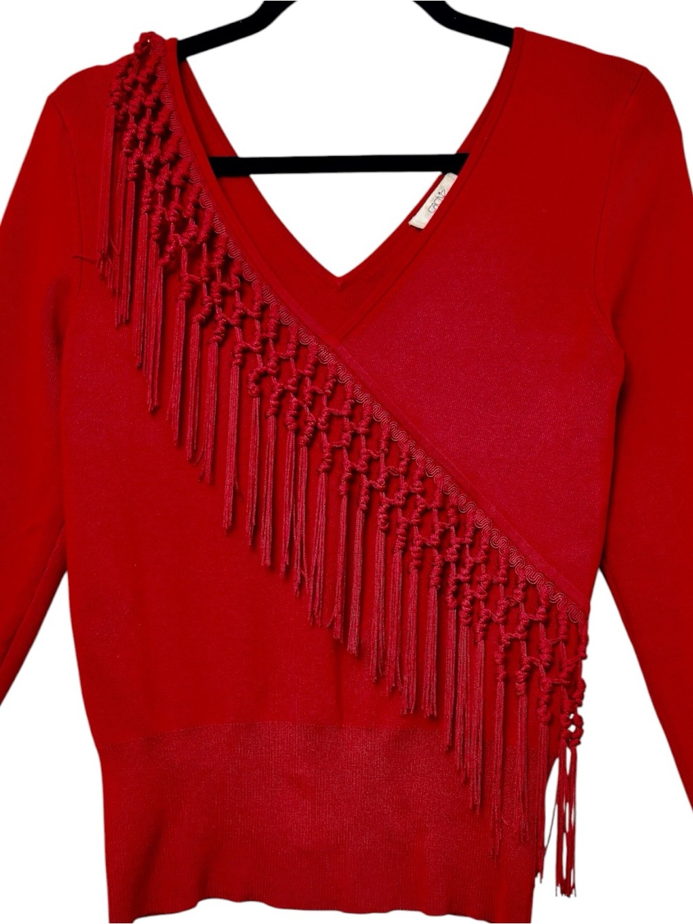 Cache Red Asymmetrical Fringe Tassel Silk Y2K Top